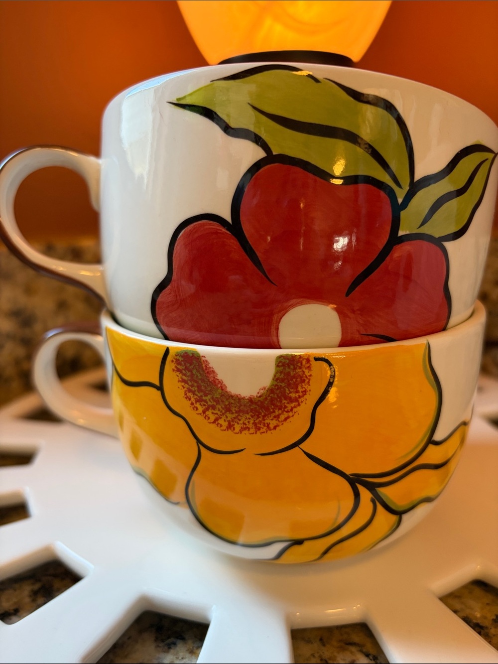 Pier 1 Imports Handpainted Stoneware Large Floral 2 Coffee Mugs Green Yellow